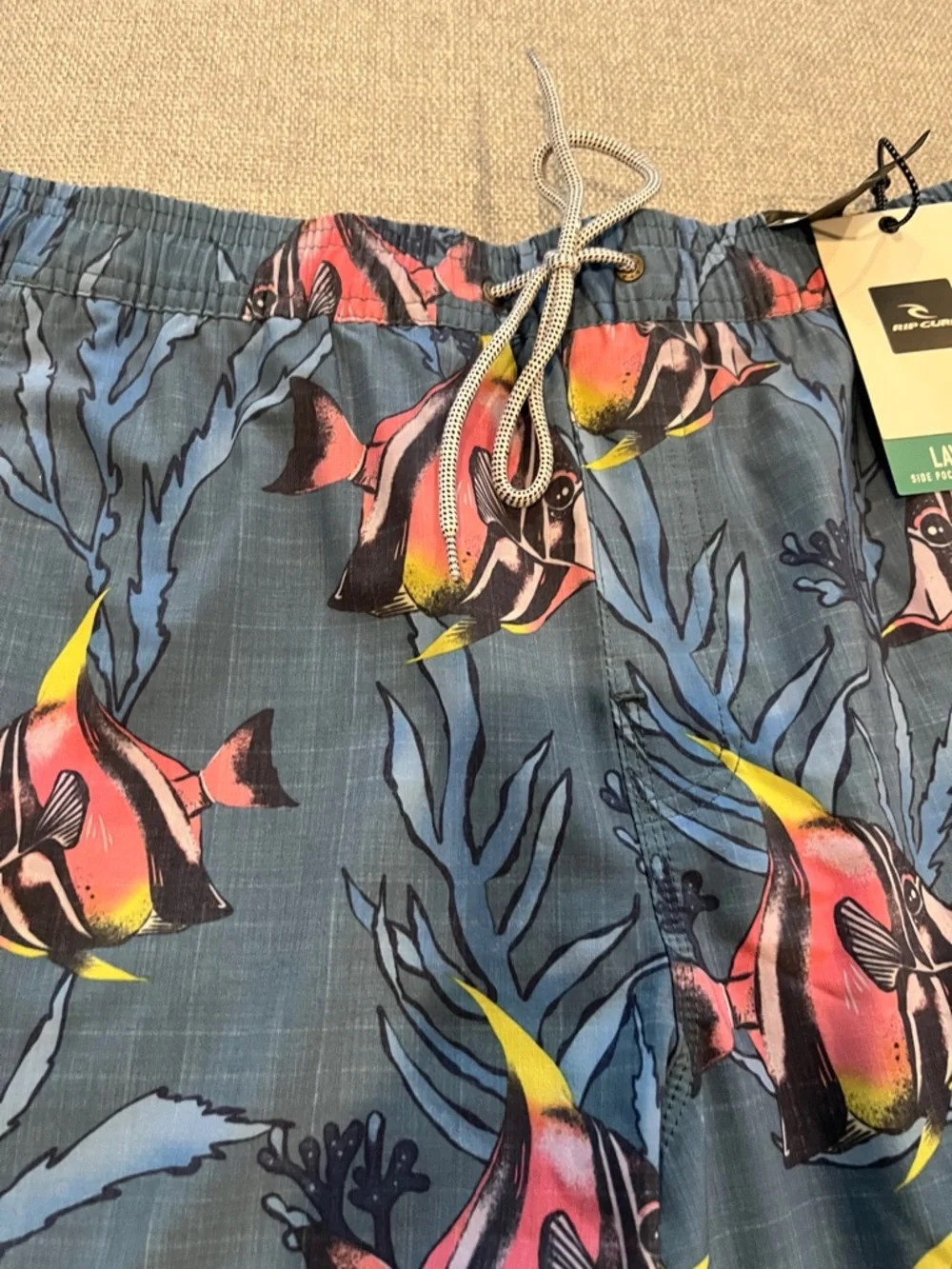 Quiksilver Men’s Blue Swim Trunks with Pink & Yellow Tropical Fish flow volley